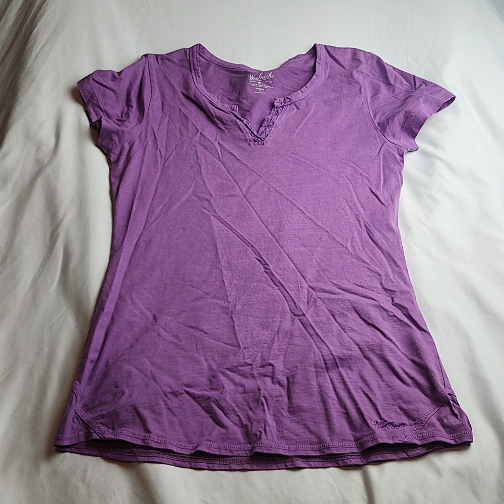Woolrich Ruffle Henley Short Sleeve V-Neck Purple Women's Size Medium